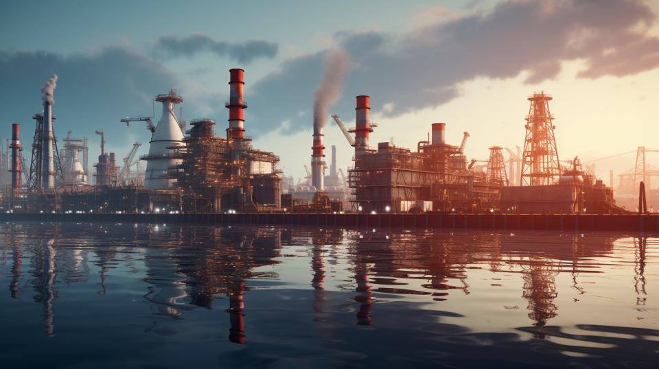 A large oil refinery against a backdrop of ocean containers and industrial cranes.