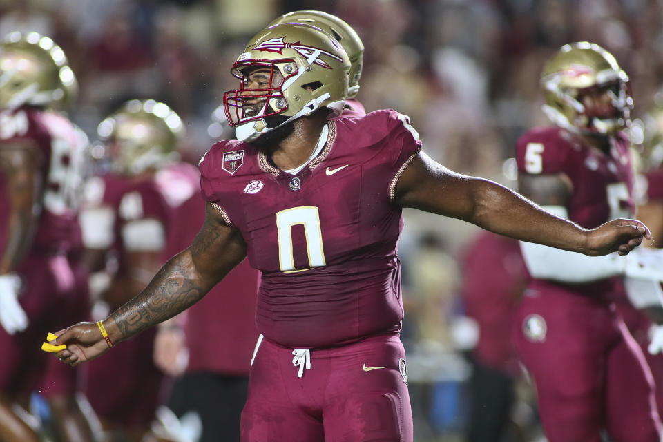 Florida State defensive lineman Fabien Lovett (0) gets fired up before an NCAA college football game against Southern Mississippi, Saturday, Sept. 9, 2023, in Tallahassee, Fla. (AP Photo/Phil Sears)