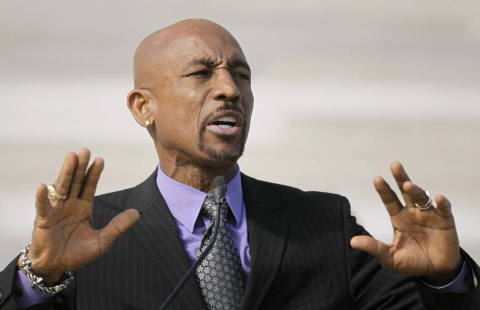 CORRECTS SPELLING TO MONTEL - Television personality Montel Williams speaks to supporters of a ballot measure that would legalize medical marijuana in the state at the Arkansas state Capitol in Little Rock, Ark., Thursday, Oct. 18, 2012. (AP Photo/Danny Johnston)