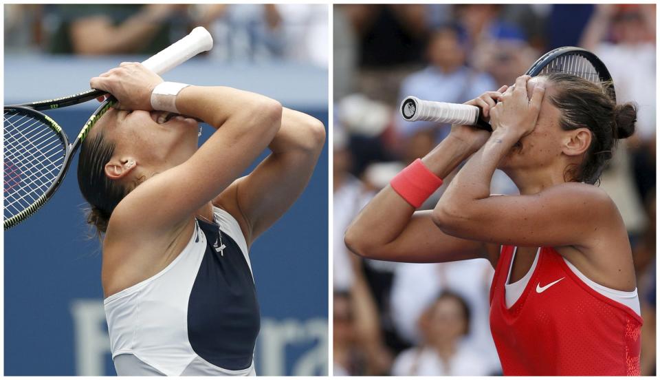 A combination photograph of Flavia Pennetta (L) of Italy reacting after defeating Simona Halep of Romania in their women's singles semi-final match and Roberta Vinci of Italy reacting after defeating Serena Williams of the U.S. in their women's singles semi-final match at the U.S. Open Championships tennis tournament in New York, September 11, 2015.  REUTERS/Shannon Stapleton/Mike Segar    