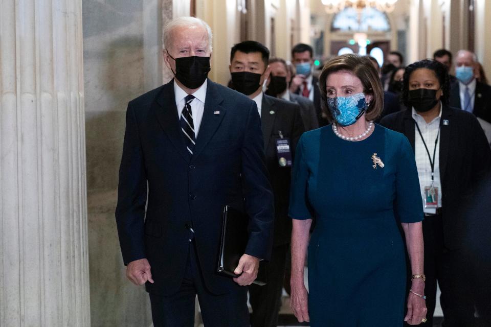 President Joe Biden and House Speaker Nancy Pelosi at the U.S. Capitol on Oct. 28, 2021.