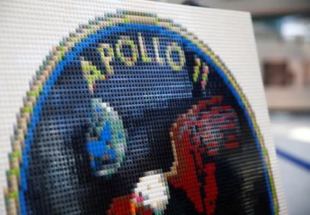 An Apollo 11 patch made of Legos is displayed on the 50th anniversary of the Apollo 11 moon landing at the Museum of Flight in Seattle