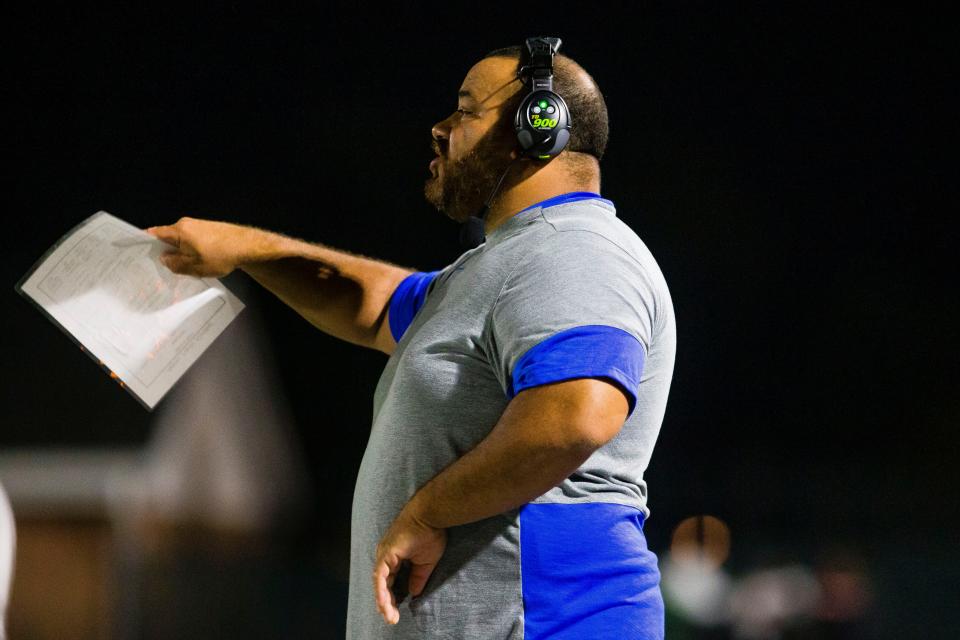 Adams coach Antwon Jones during the Adams vs. Riley High School football game Friday, Sept. 3, 2021 at School Field. 