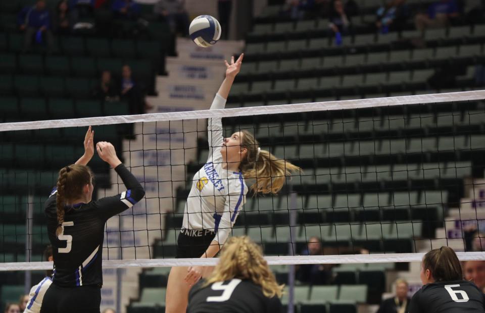 Ardsley's Megan Bruno (6) reaches for a shot during their 3-0 loss to Westhill in the NYSPHSAA Class B championship volleyball match at the Cool Insuring Arena in Glens Falls on Sunday, November 24, 2019.