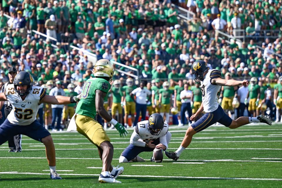 Sep 17, 2022; South Bend, Indiana, USA; California Bears kicker Dario Longhetto (30) kicks a field goal in the second quarter to put Cal ahead 10-7 against the Notre Dame Fighting Irish at Notre Dame Stadium.