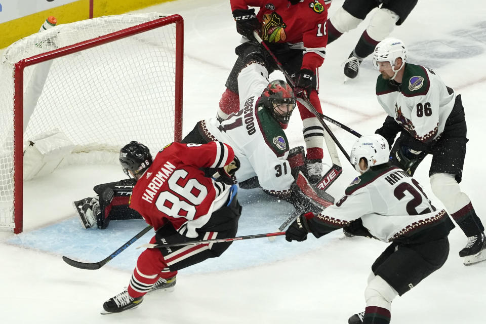 Arizona Coyotes goalie Scott Wedgewood (31) make a save on a shot by Chicago Blackhawks' Mike Hardman (86) during the third period of an NHL hockey game Friday, Nov. 12, 2021, in Chicago. The Blackhawks won 2-1. (AP Photo/Charles Rex Arbogast)