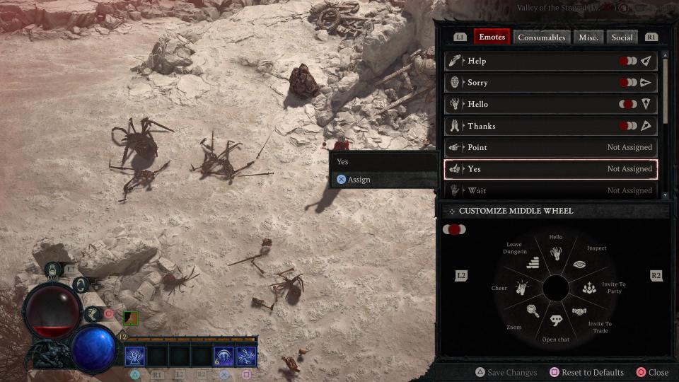 A screenshot of the emote equip menu in Diablo 4. The 'Yes' emote is being selected
