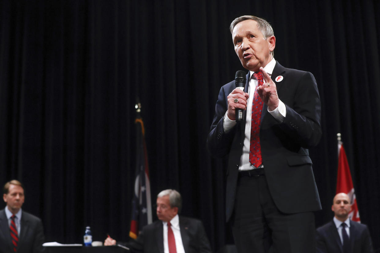 Former U.S. Rep. Dennis Kucinich of Ohio speaks during the Ohio Democratic Party's fifth debate in the primary race for governor, Tuesday, April 10, 2018, at Miami (Ohio) University's Middletown campus in Middletown, Ohio. (John Minchillo / Pool via AP file)