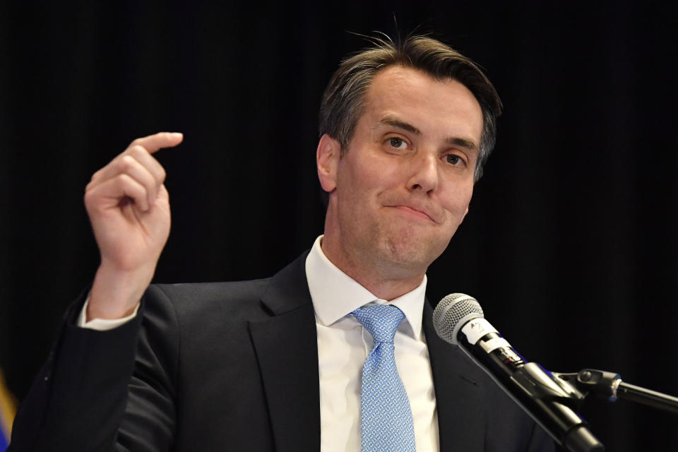 Democrat Morgan McGarvey speaks to supporters in Louisville, Ky., Tuesday, Nov. 8, 2022, after the won the race for the state's 3rd Congressional District. (AP Photo/Timothy D. Easley)