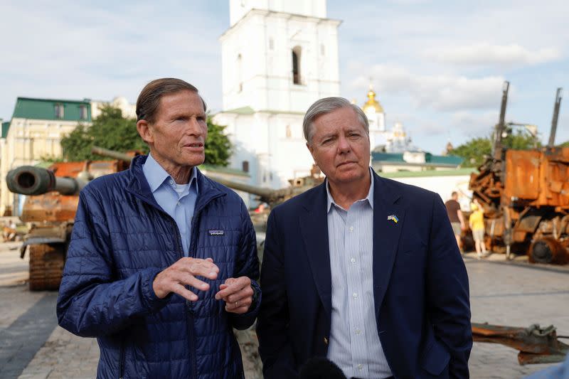 U.S. Senators Graham and Blumenthal speak during an interview with Reuters in Kyiv