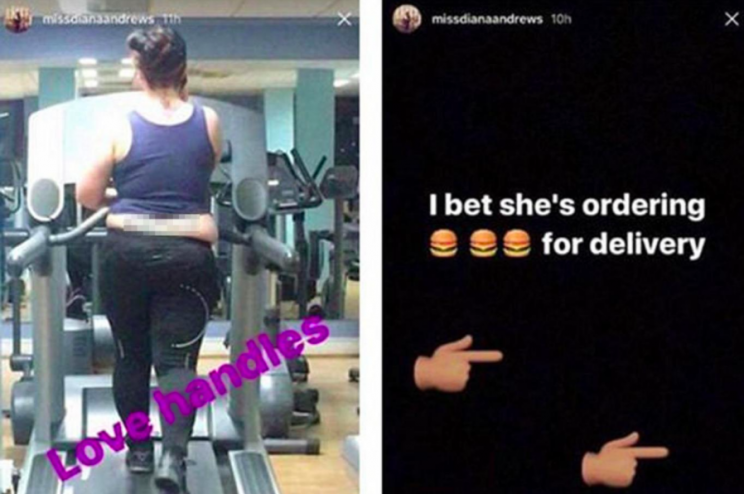 Instagram images from Diana Andrews body-shaming a fellow gymgoer.