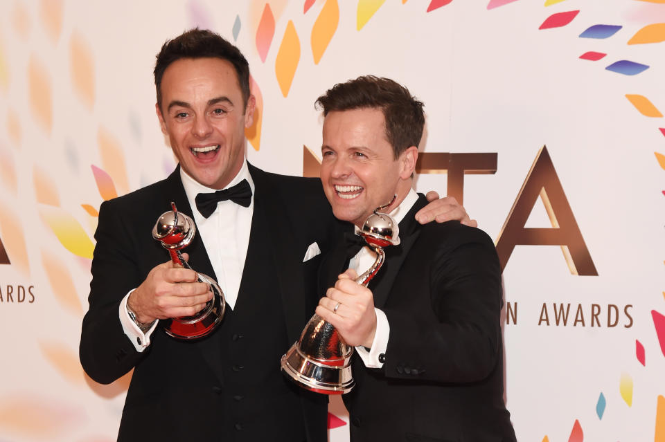 LONDON, ENGLAND - JANUARY 28:  Anthony McPartlin and Declan Donnelly, winners of the Best TV Presenter award, pose in the winners room at the National Television Awards 2020 at The O2 Arena on January 28, 2020 in London, England. (Photo by David M. Benett/Dave Benett/Getty Images)