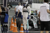 Mercedes driver Valtteri Bottas of Finland at the end of the second free practice at the Yas Marina racetrack in Abu Dhabi, United Arab Emirates, Friday, Nov. 29, 2019. The Emirates Formula One Grand Prix will take place on Sunday. (AP Photo/Luca Bruno)