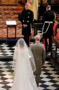 <p>In a major tradition-breaking moment, <a href="https://www.marieclaire.com/celebrity/a20740766/prince-charles-walking-meghan-markle-down-aisle/" rel="nofollow noopener" target="_blank" data-ylk="slk:Prince Charles walked Meghan down the aisle;elm:context_link;itc:0;sec:content-canvas" class="link ">Prince Charles walked Meghan down the aisle</a> for her May 2018 wedding to Prince Harry. The decision was made by Her Majesty after Meghan’s father, <a href="https://www.marieclaire.com/celebrity/a22159695/thomas-markle-meghan-markle-terrified-interview/" rel="nofollow noopener" target="_blank" data-ylk="slk:Thomas Markle;elm:context_link;itc:0;sec:content-canvas" class="link ">Thomas Markle</a>, backed out of the ceremony. </p>