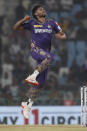 Kolkata Knight Riders' Harshit Rana celebrates the wicket of Lucknow Super Giants' Krunal Pandya during the Indian Premier League cricket match between Lucknow Super Giants and Kolkata Knight Riders in Lucknow, India, Tuesday, May 5, 2024. (AP Photo/Pankaj Nangia)