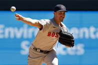 Boston Red Sox starting pitcher Cooper Criswell throws to the Minnesota Twins in the first inning of a baseball game Sunday, May 5, 2024, in Minneapolis. (AP Photo/Bruce Kluckhohn)