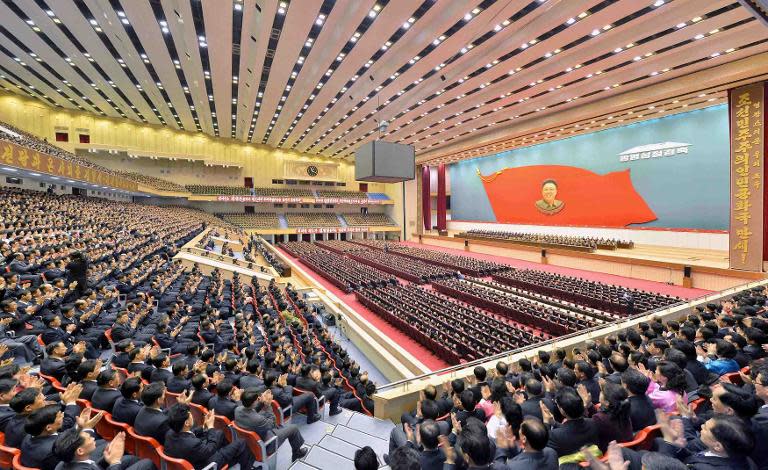 Officials meet at an unspecified location as they pledge loyalty to current North Korean leader Kim Jong-Un, a day before the birthday of late ruler Kim Jong-Il