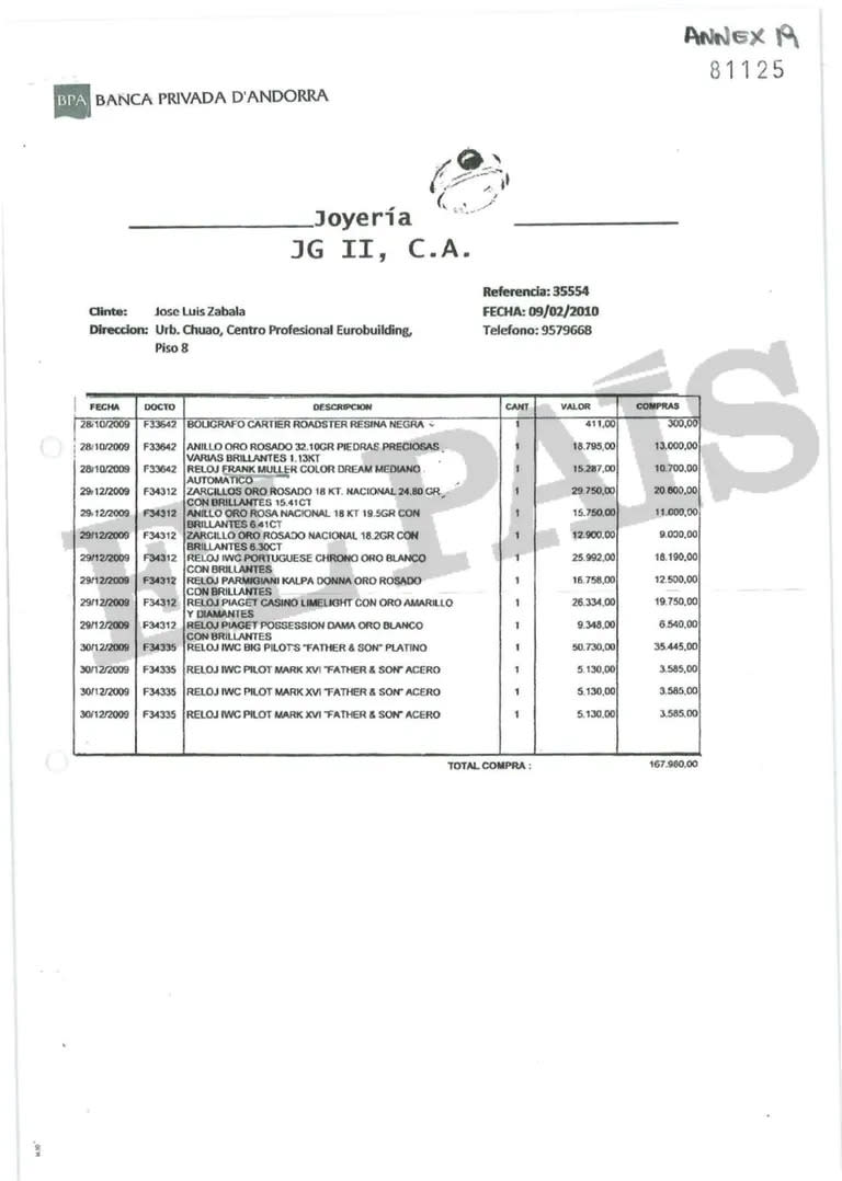 La factura de Zabala en una joyería