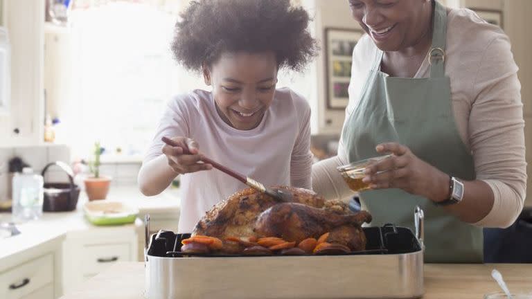 grandmother and granddaughter basting turkey