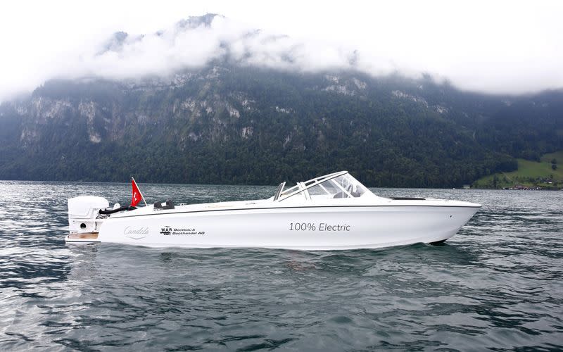 An electric powered Candela Seven boat is pictured on Lake Lucerne near Luzern