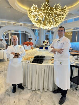 Chef Eric Barale (left) and Chef Alexis Quaretti During Brunch Service in The Grand Dining Room on board Oceania Cruises’ newest ship, Vista