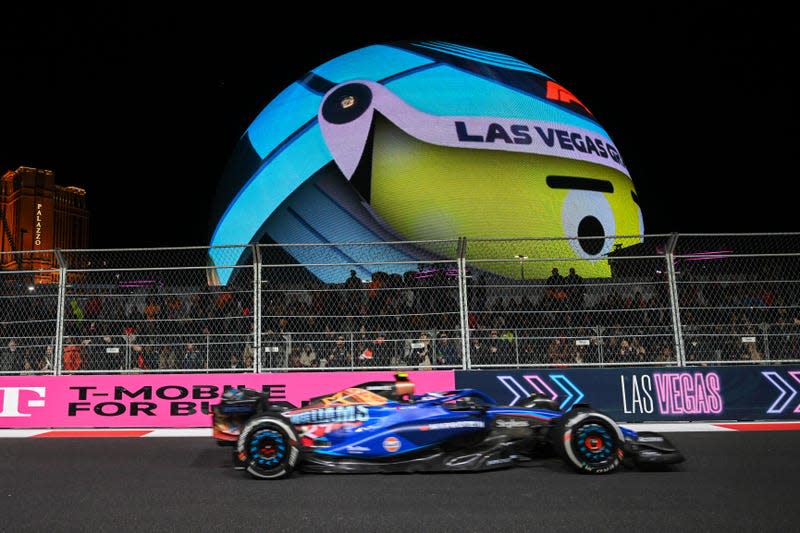 Logan Sargeant of Williams Racing (2) competes during F1 Grand Prix of Las Vegas at Las Vegas Strip Circuit as the Sphere, the spherical music and entertainment arena is seen behind in Las Vegas, Nevada, United States on November 19, 2023