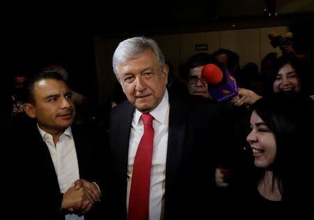 Andres Manuel Lopez Obrador leaves after being sworn-in as presidential candidate of the National Regeneration Movement (MORENA) during the party's convention at a hotel in Mexico City, Mexico February 18, 2018. REUTERS/Henry Romero