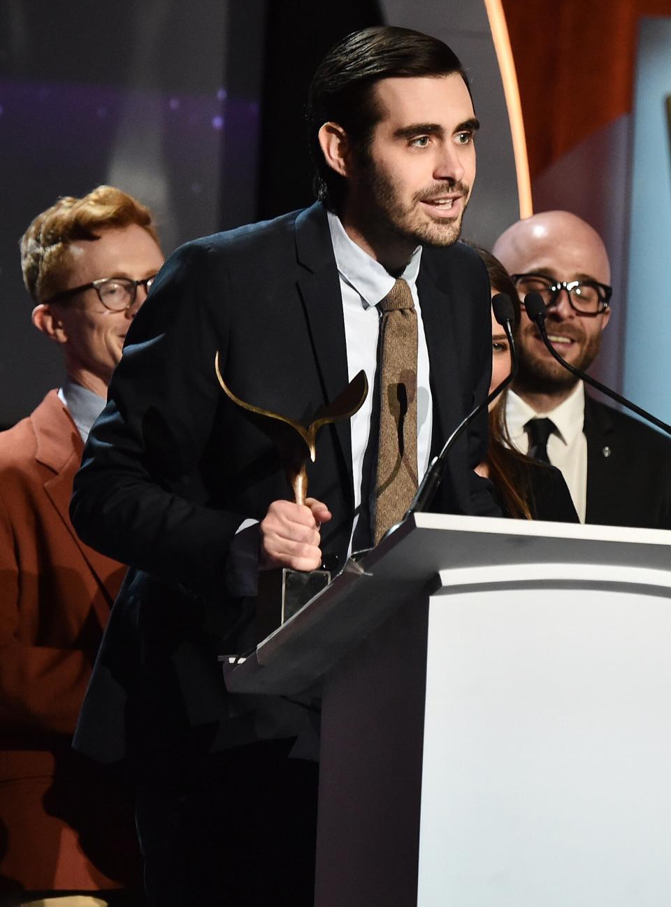 Writer Jeff Loveness accepts the Comedy/Variety Specials award for 'Jimmy Kimmel Live: 10th Annual After The Oscars Special' onstage during the 2016 Writers Guild Awards at the Hyatt Regency Century Plaza on February 13, 2016 in Los Angeles, California.