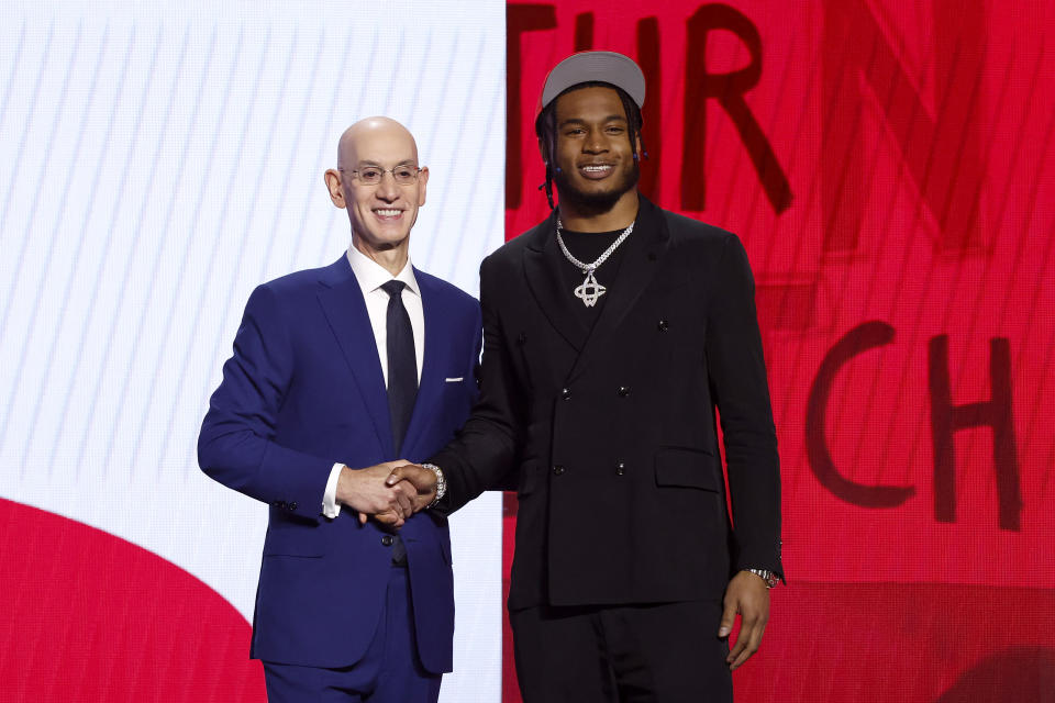 Cam Whitmore poses with NBA commissioner Adam Silver after being selected with the 20th overall pick by the Houston Rockets during the 2023 NBA Draft on June 22, 2023 in New York City. (Sarah Stier/Getty Images)