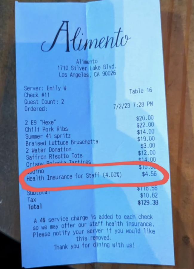 Receipt from Alimento Silver Lake showing various ordered items, total cost, and a health insurance charge for staff