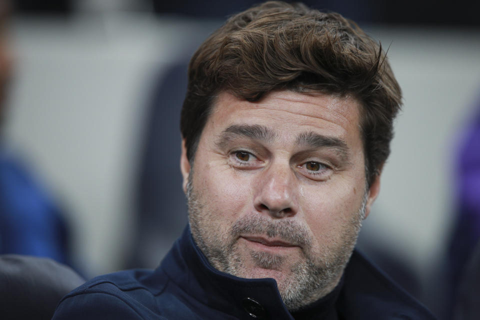 Tottenham's manager Mauricio Pochettino grimaces before the Champions League, group B, soccer match between Tottenham and Red Star Belgrade, at the Tottenham Hotspur stadium in London, Tuesday, Oct. 22, 2019. (AP Photo/Ian Walton)