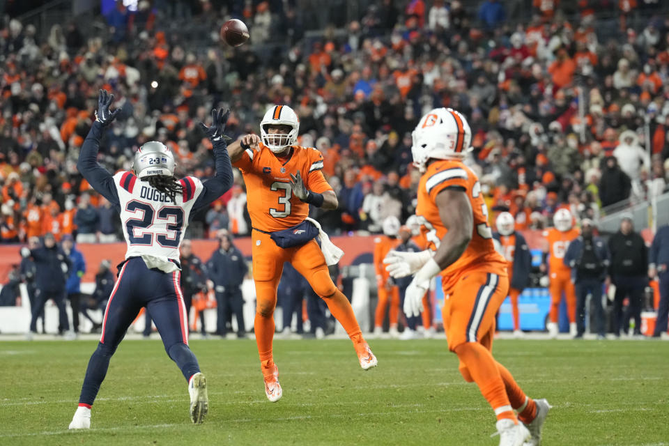 Denver Broncos quarterback Russell Wilson (3) throws during the second half of an NFL football game against the New England Patriots, Sunday, Dec. 24, 2023, in Denver. (AP Photo/David Zalubowski)