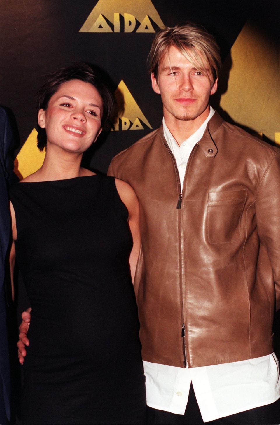 Victoria and David Beckham attend the launch of the Aida project, a Disney stage musical written by Elton John and Tim Rice, on January 26, 1999.