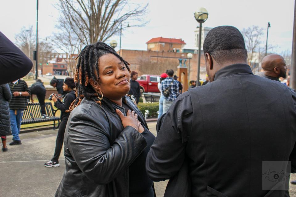 More than 200 men took part in the 100 Men In Black event in downtown Fayetteville on Feb. 10, 2024. The gathering, organized by Tiffany Campbell on the heels of a gathering of women, was a way for Black men in Fayetteville to network and support each other.