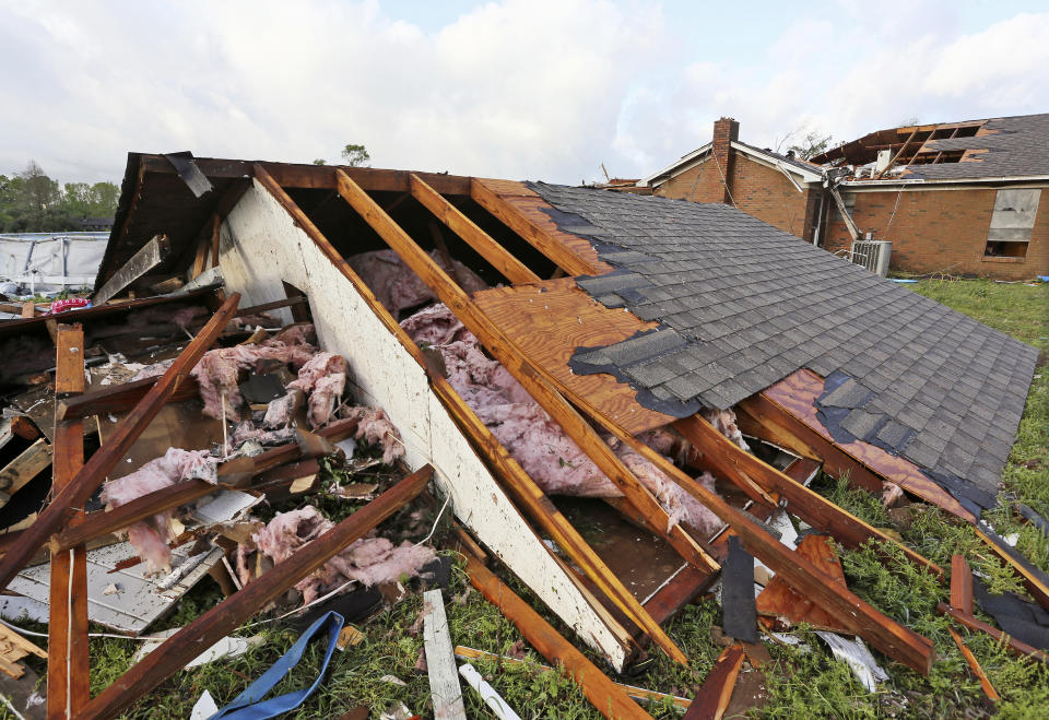 A roof a home that was blown off a home rests on the ground in Hamilton, Miss., after a deadly storm moved through the area Sunday, April 14, 2019. (AP Photo/Jim Lytle)