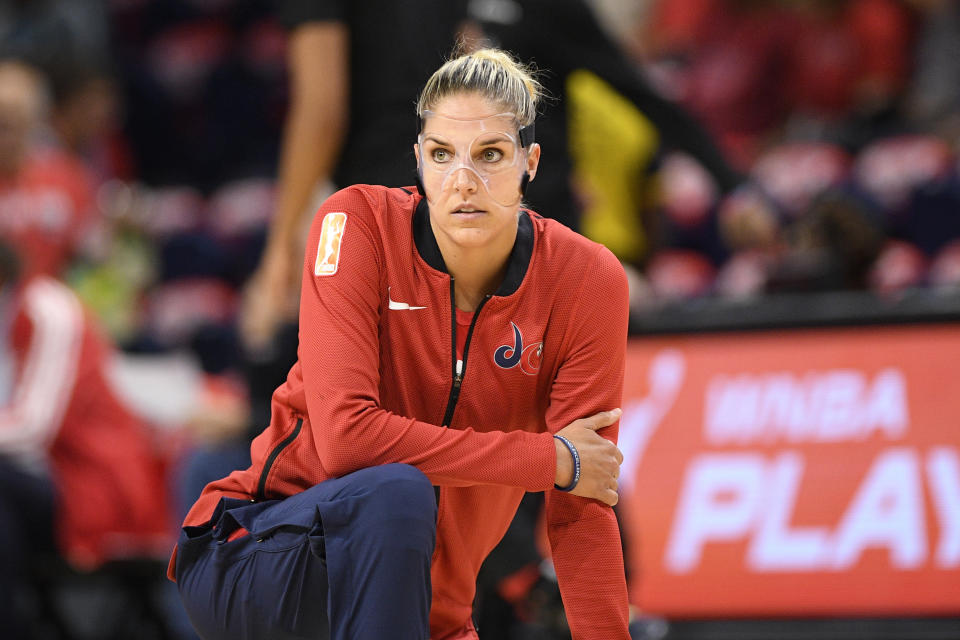 Washington Mystics forward Elena Delle Donne warms up before Game 1 of a WNBA playoff basketball series against the Las Vegas Aces, Tuesday, Sept. 17, 2019, in Washington. (AP Photo/Nick Wass)