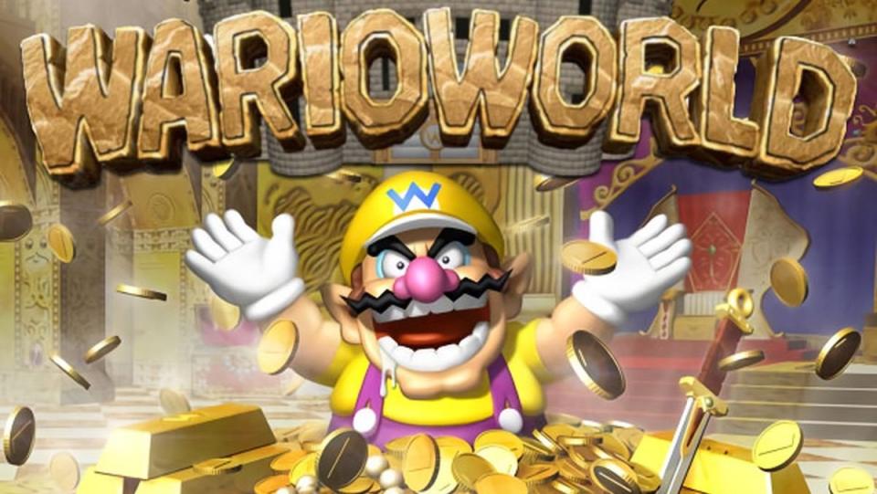 Wario in a pit of gold coins with his arms raised in a cover for Wario World