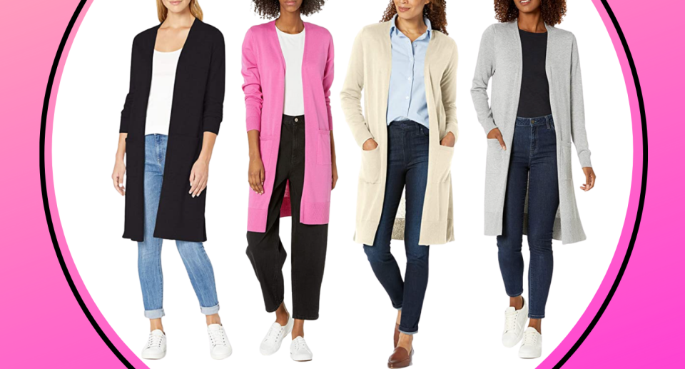 collage of four women wearing open front cardigan and jeans from amazon
