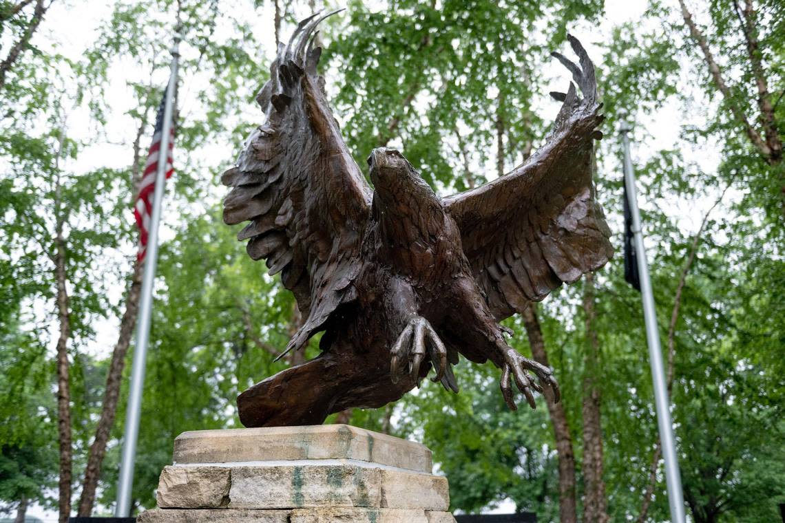 A bald eagle is featured as the centerpiece of this memorial that is updated with the names of soldiers who gave their lives all the way back to the Civil War.