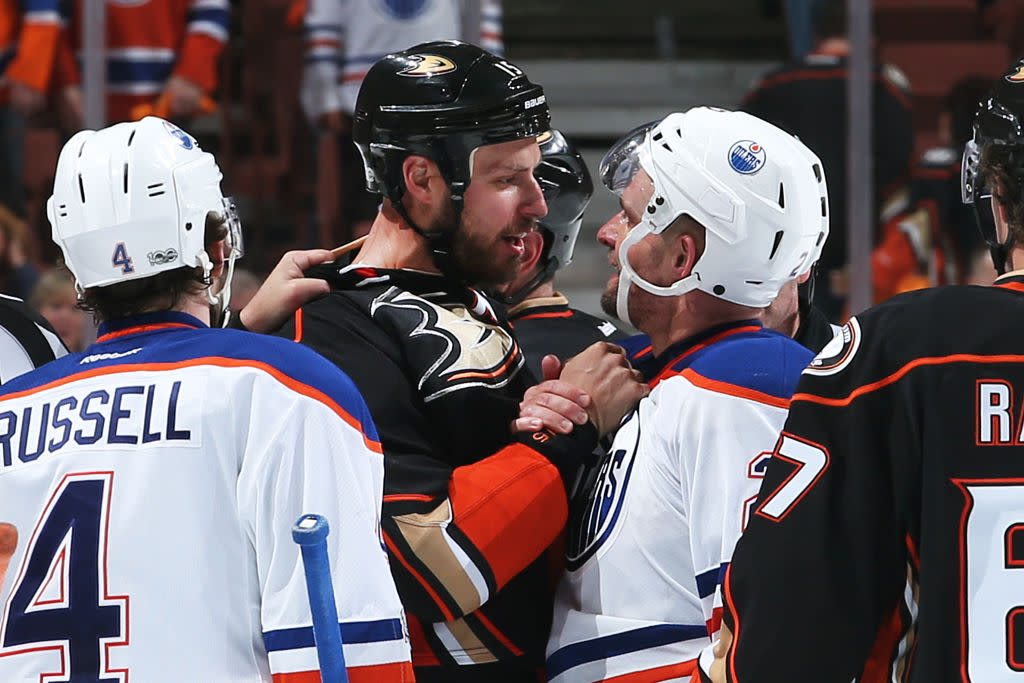 ANAHEIM, CA – APRIL 26: Ryan Getzlaf #15 of the Anaheim Ducks chats with Andrej Sekera #2 of the Edmonton Oilers after a whistle in Game One of the Western Conference Second Round during the 2017 NHL Stanley Cup Playoffs at Honda Center on April 26, 2017 in Anaheim, California. (Photo by Debora Robinson/NHLI via Getty Images)