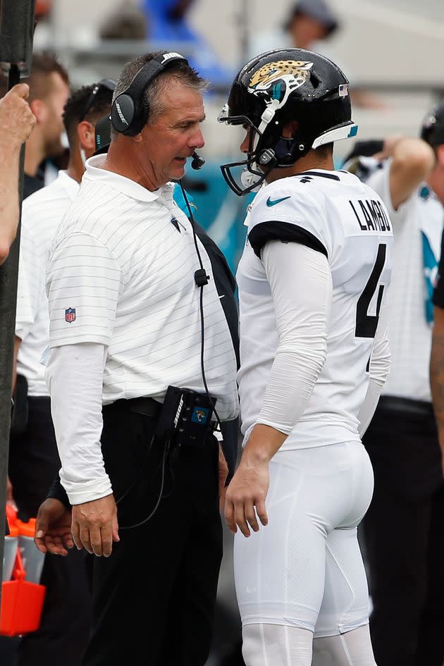 Josh Lambo gets an earful from Jacksonville Jaguars head coach Urban Meyer after missing a field goal last season. (Photo: via Associated Press)