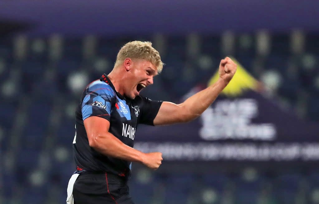 Ruben Trumpelmann ripped apart Scotland’s top order to set Namibia on their way to victory (AP Photo/Aijaz Rahi) (AP)