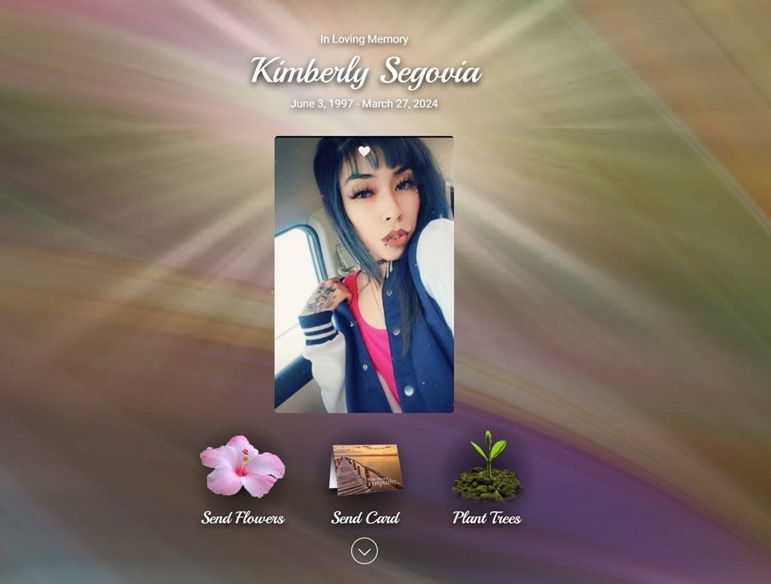 Kimberly Segovia is memorialized in a Mt. Carmel Funeral Home online obituary, seen here in a screen grab. Segovia was killed in a shooting at an apartment complex on Rich Beem Boulevard in far East El Paso on March 27, 2024.