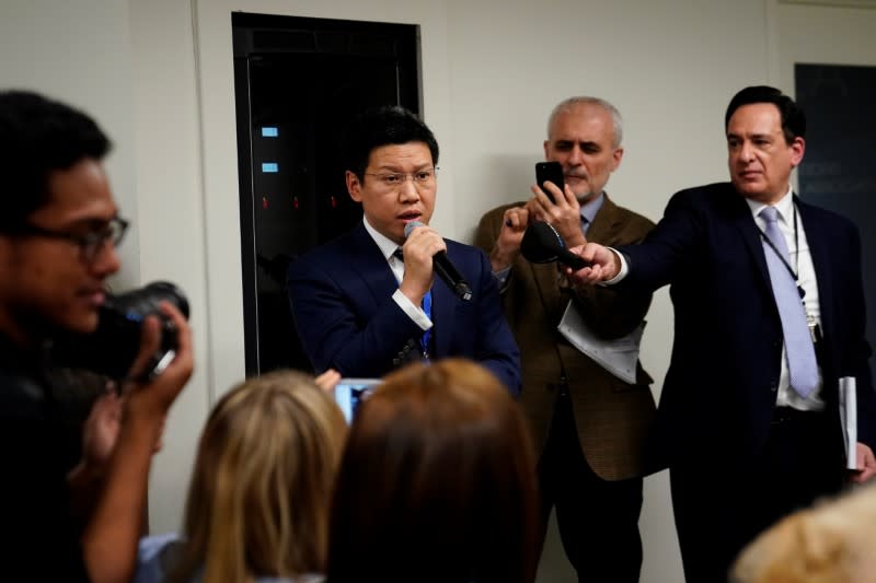 A representative of the Chinese mission to the United Nations speaks at the end of a press conference by Human Rights Watch at the United Nations in the Manhattan borough of New York City