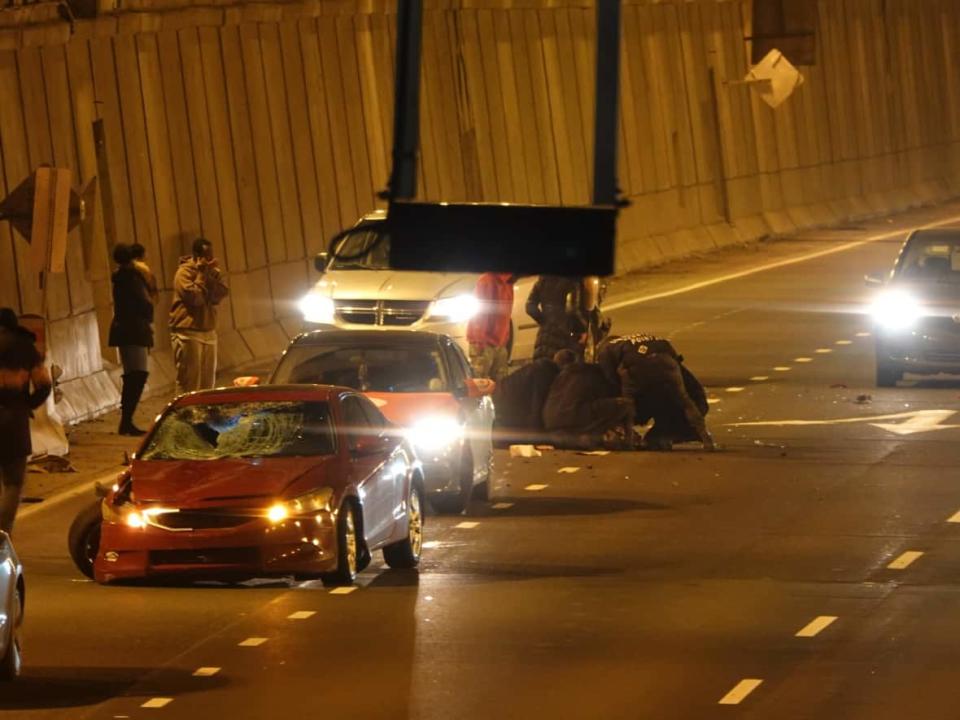 The 22-year-old man was hit after getting out of his vehicle to check on a mechanical issue. The 31-year-old driver that struck him was arrested for impaired driving.  (Stéphane Grégoire/Radio-Canada - image credit)