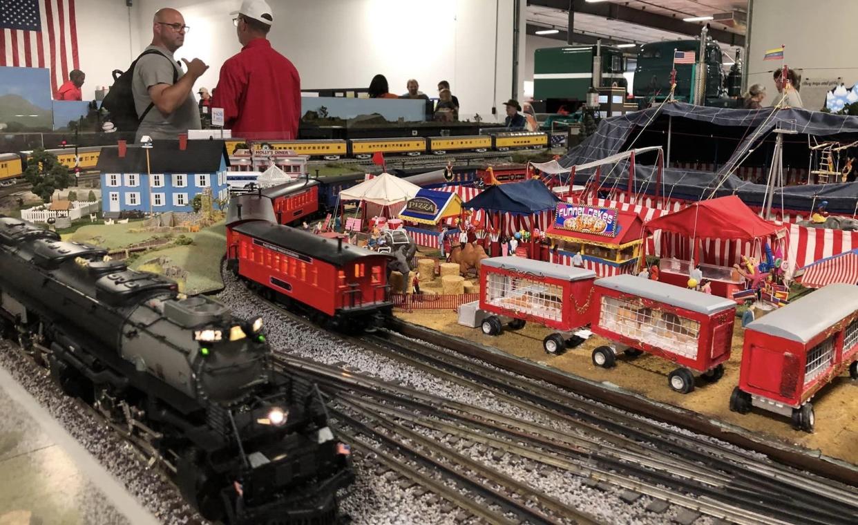 A circus-themed model train display in Colonial Heights at Keystone Truck and Tractor Museum in July 2023.