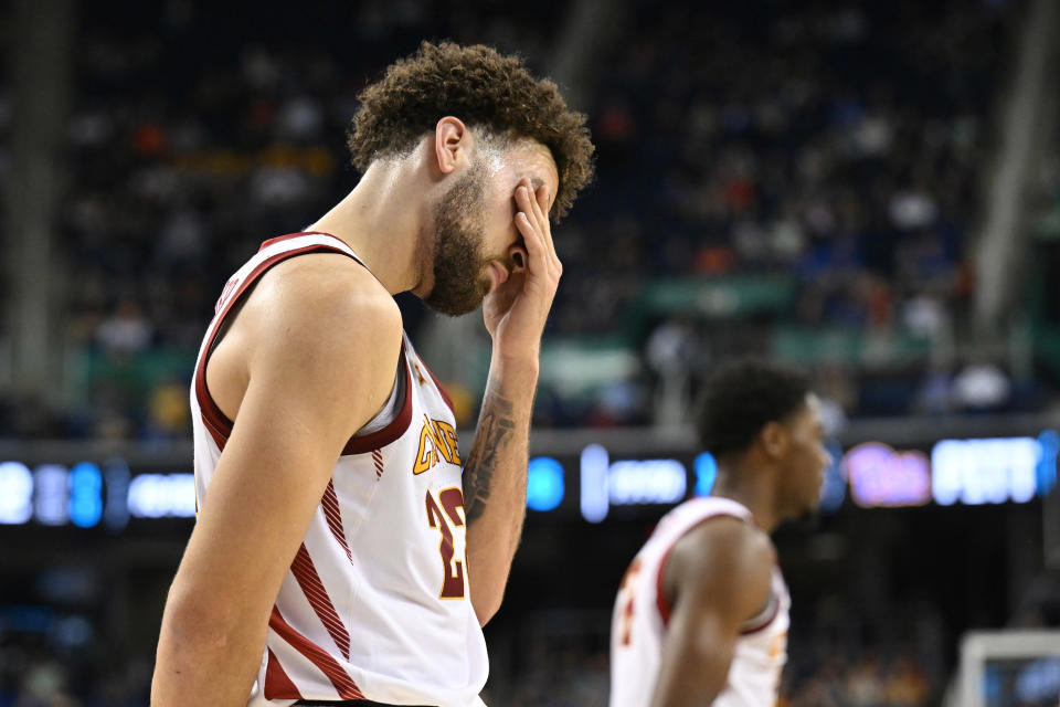 GREENSBORO, NC - MARCH 17: Gabe Kalscheur #22 of the Iowa State Cyclones reacts to the game against the Pittsburgh Panthers during the first round of the 2023 NCAA Men's Basketball Tournament held at Greensboro Coliseum on March 17, 2023 in Greensboro, North Carolina. (Photo by Grant Halverson/NCAA Photos via Getty Images)