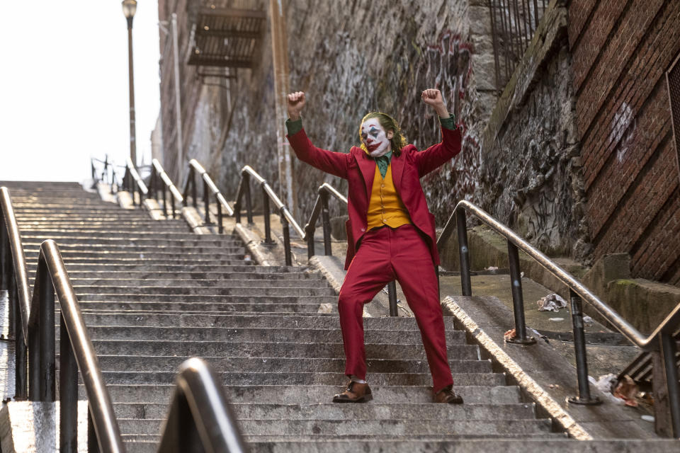 This image released by Warner Bros. Pictures shows Joaquin Phoenix in a scene from "Joker," in theaters on Oct. 4. (Niko Tavernise/Warner Bros. Pictures via AP)