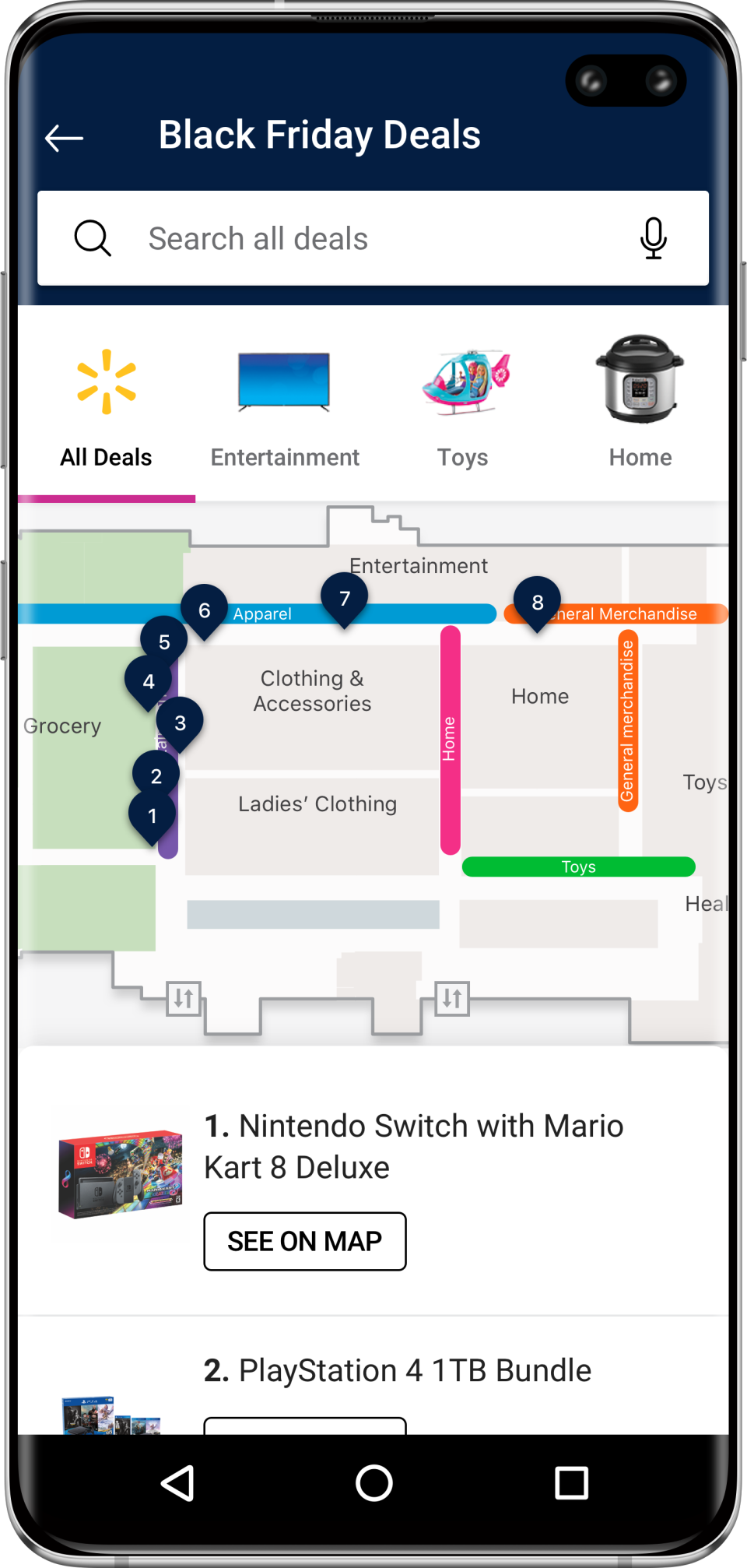 Walmart's app features a color-coded map to help shoppers find sought after Black Friday deals. 