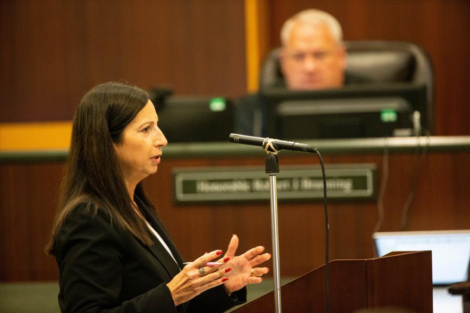 Amira Fox, state attorney for the 20th Judicial Circuit of Florida, speaks to the jury during the penalty phase of Wisner Desmaret’s trial on Thursday. Desmaret was found guilty of eight charges including a capital murder offense in the killing of Fort Myers Police officer Adam Jobbers-Miller. The jury is deliberating on whether to give him life in prison or the death penalty.